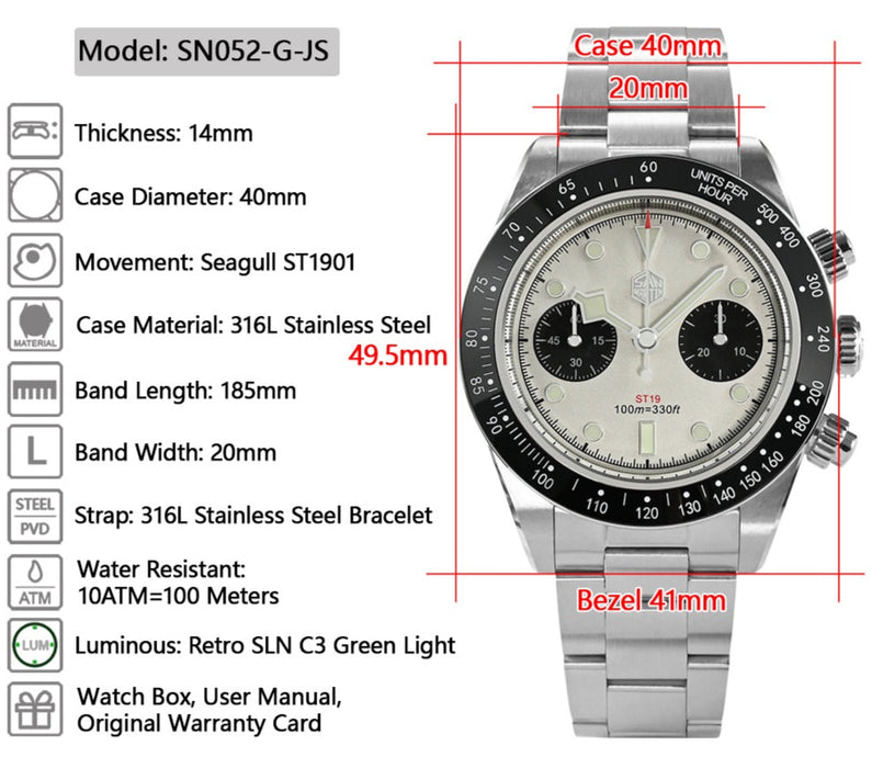 San Martin 40mm 10Bar Stainless Steel Sport Chronograph